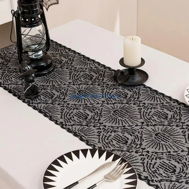 nappe noire halloween araignées toiles décorative polyester coton 30x100cm 30x150cm 30x180cm 30x200cm