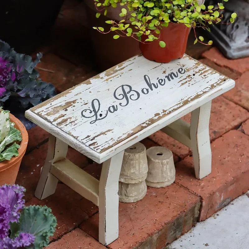 support bois rustique étagère fleurs plante stand shabby chic decoratif vieux bleu blanc marbré