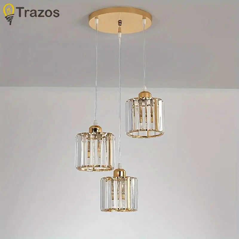 suspension lumineuse trois lumières cristal or moderne abat jour transparent chambre salon contemporain