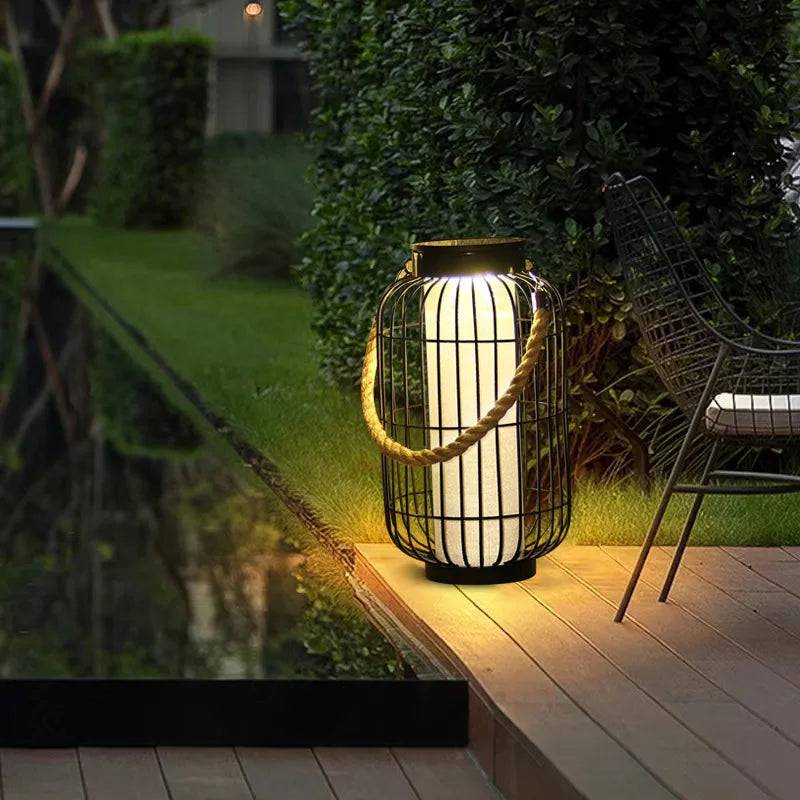lanterne vintage rustique cage métallique corde noir toile blanche extérieure imperméable éclairage public led