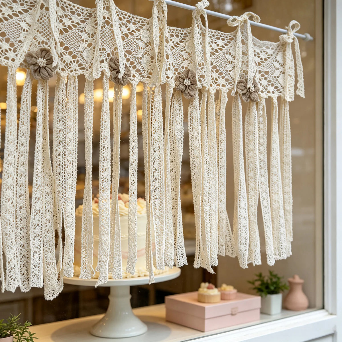 rideau crocheté boho chic beige floral franges opalescent main decoration chambrecoration farmhouse decoration