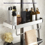 étagère salle bain moderne métal noir gris argenté fixée bouteilles savon parfum serviette gant