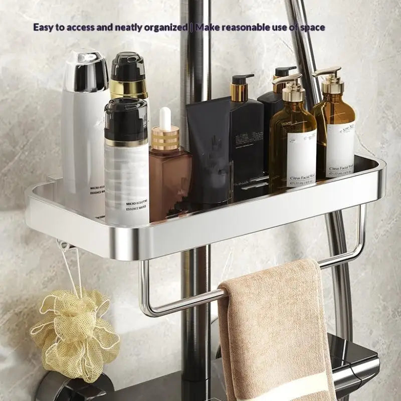 étagère salle bain moderne métal noir gris argenté fixée bouteilles savon parfum serviette gant