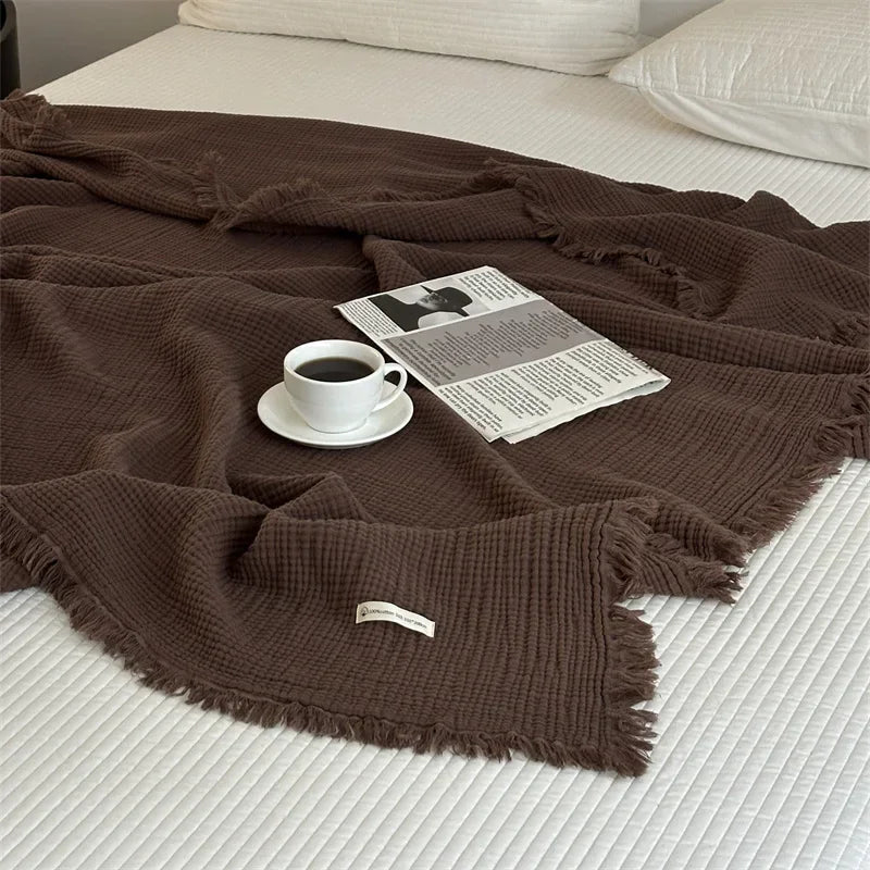 plaid coton marron texture gaufrée franges voyage printemps automne minimaliste portable chambre coucher