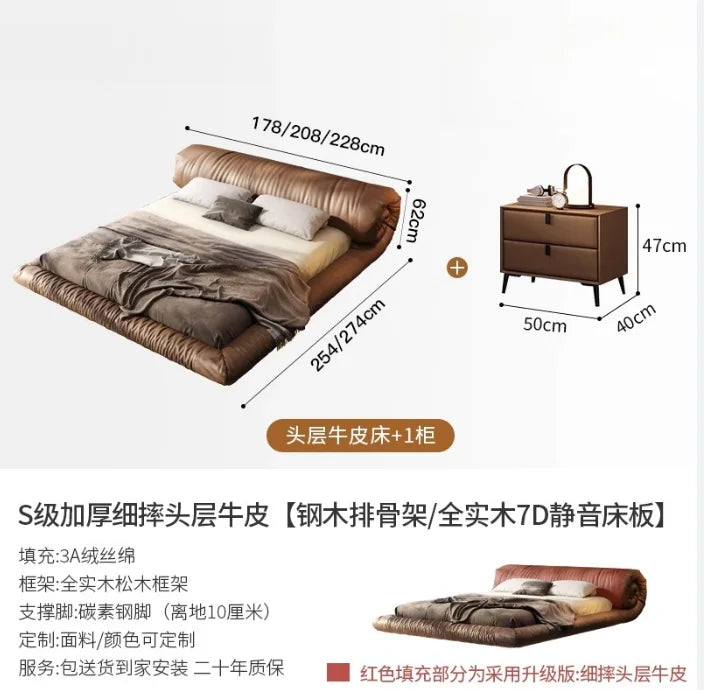 lit marron clair minimaliste simili cuir bois oreiller coussin carré king size queen size