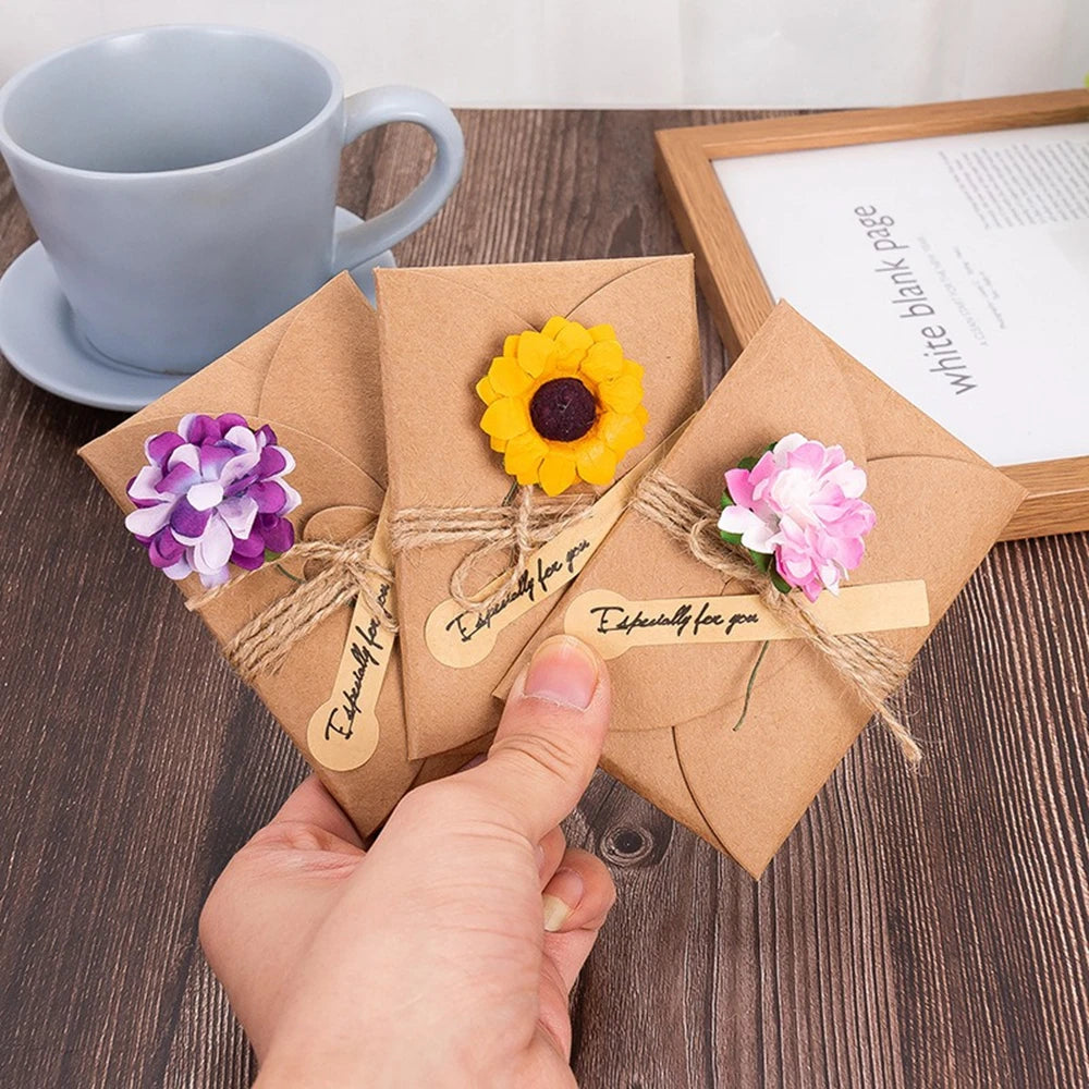 cartes voeux vintage enveloppes fleurs artificielles ruban jute anniversaire mariage noel retraite