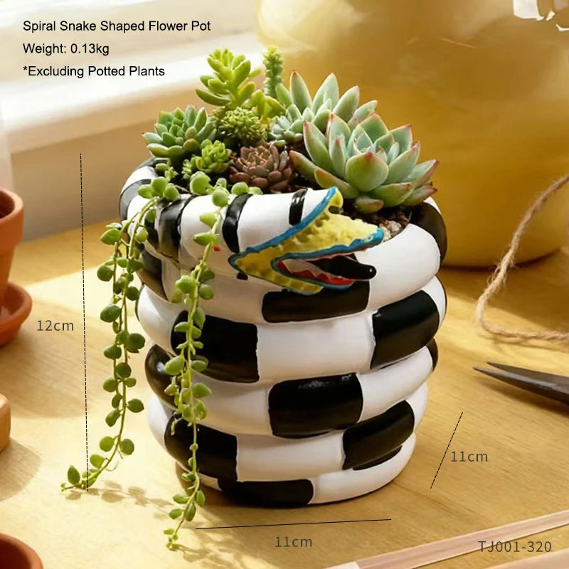 cache pot résine moderne noir blanc rayures plante verte décoration intérieure ornement floral succulente