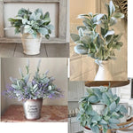 bouquet artificiel feuilles ovales vert clair gris rustique naturel vase transparent emballage brun serviette
