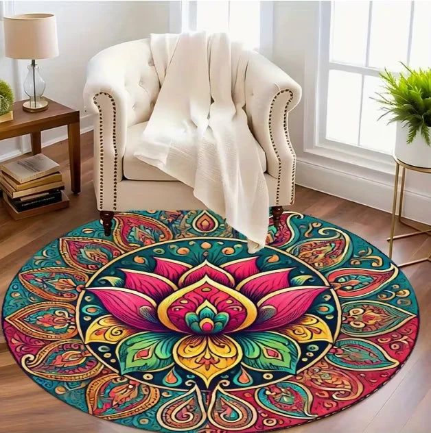 tapis rond fleur lotus géométrique moderne or bleu multicolore 80x80cm 120x120cm