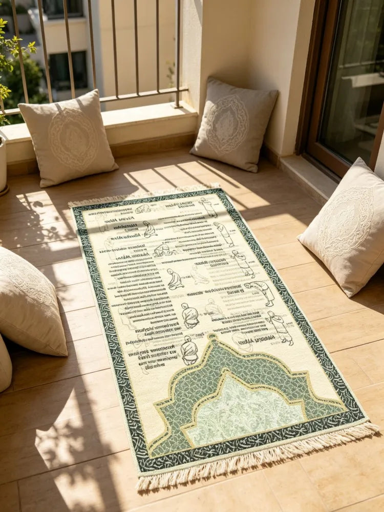 tapis traditionnel géométrique polyestère beige vert noir franges classique İslam