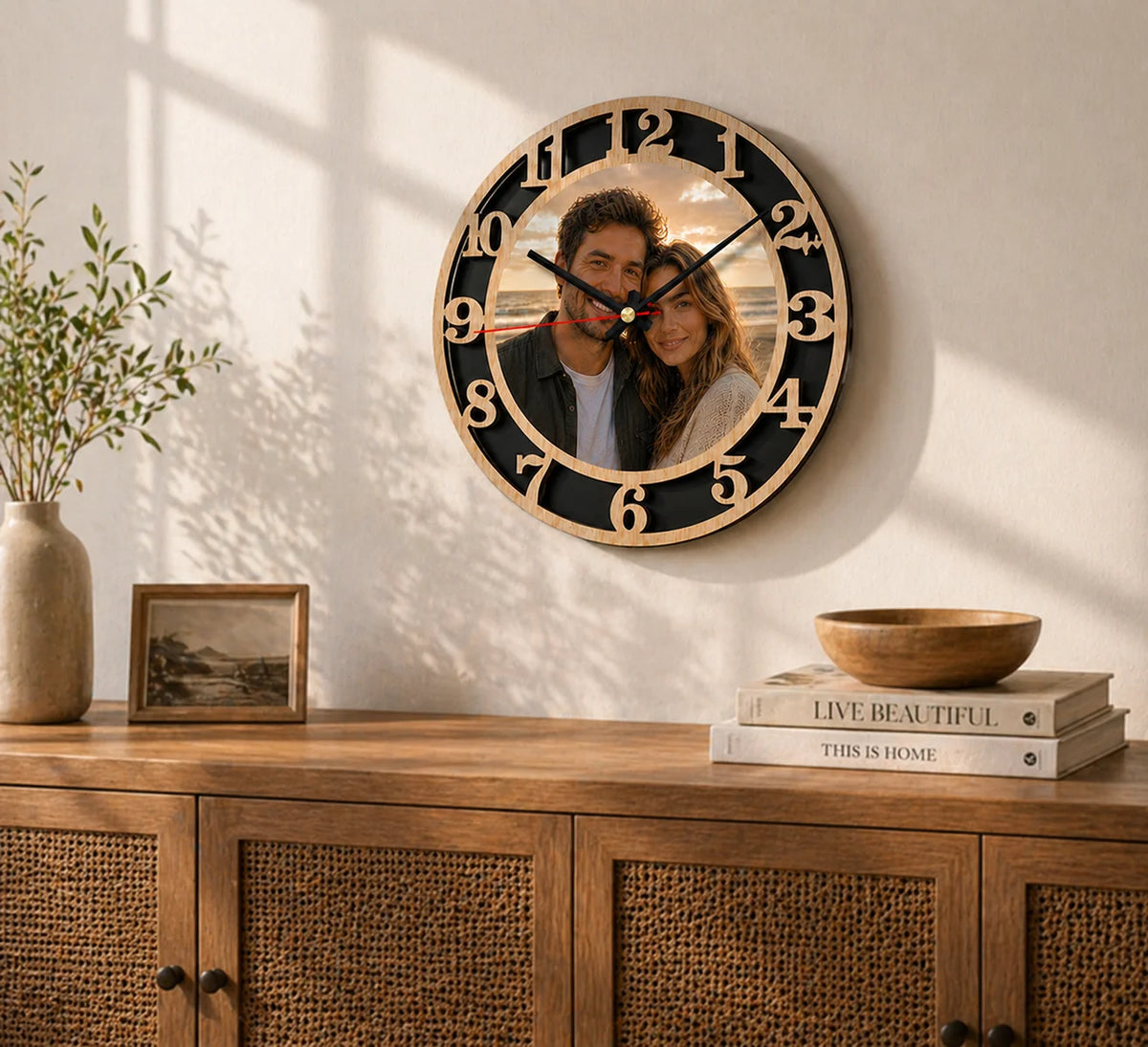 horloge murale personnalisable photo aiguille silencieuse bois acrylique décoration maison quartz UV haute définition