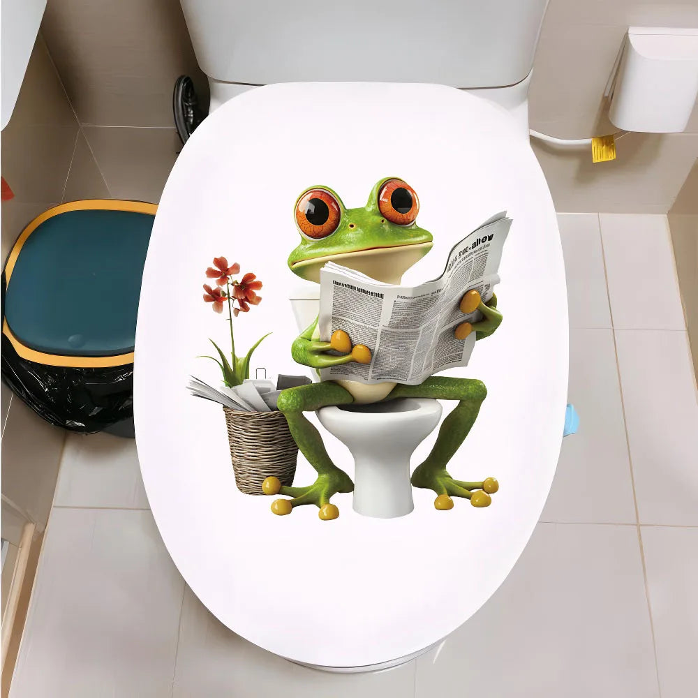 sticker mural cartoon grenouille wc journal panier adhésif vert orange blanc salle bain décoration