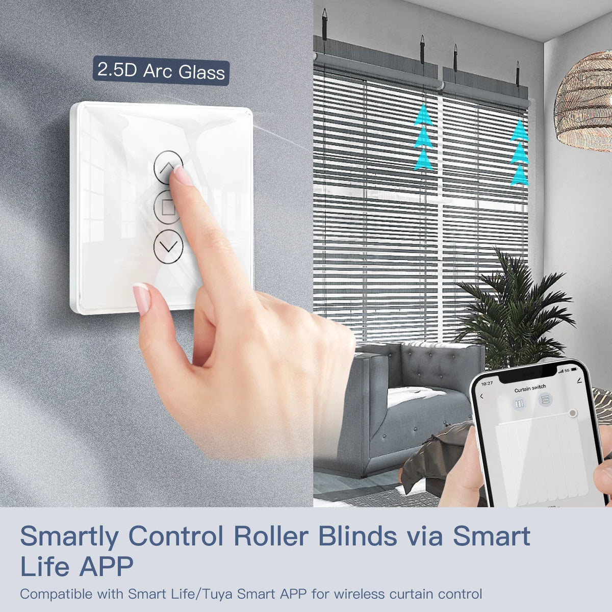 commutateur intelligent rideau controle tactile noir blanc application smartphone flèches haut bas arrêt moderne