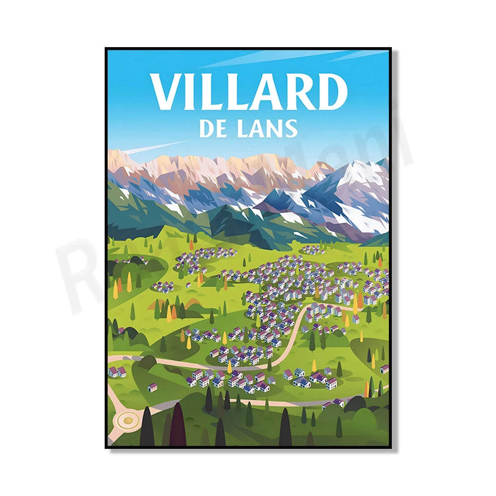 L'image présente une magnifique illustration du village de Villard de Lans, avec des montagnes enneigées, une vallée verdoyante, des maisons et un sentier traversant le paysage.