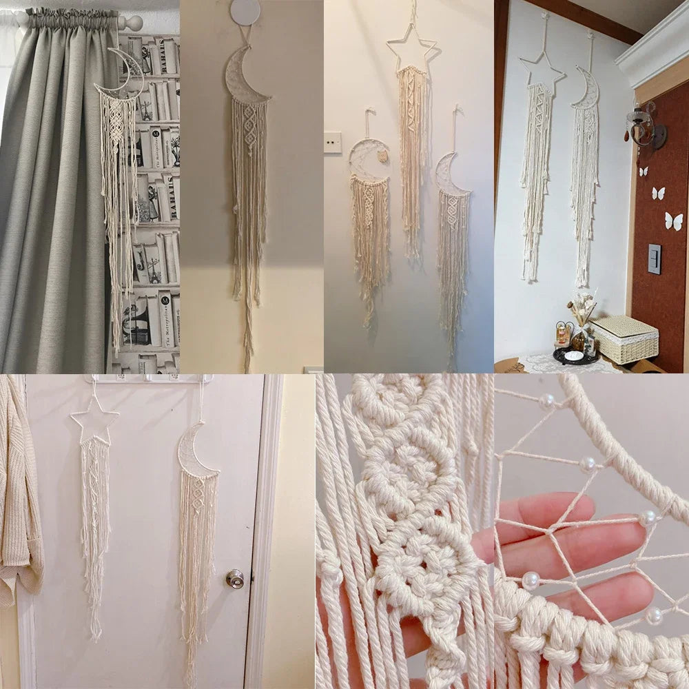 décoration murale macramé bohème tresses noeuds franges cœur lune étoile