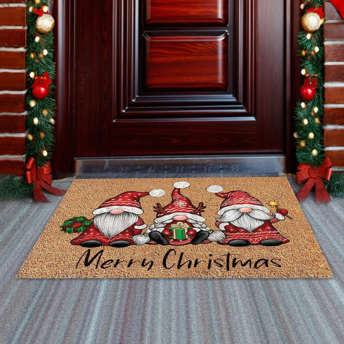 tapis d'entrée noël lutins marron rouge blanc vert texte merry christmas décoratif extérieurintérieur