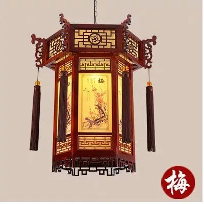 lampe suspendue artisanale chinoise papier motif floral oiseaux bois marron étude chambre salon