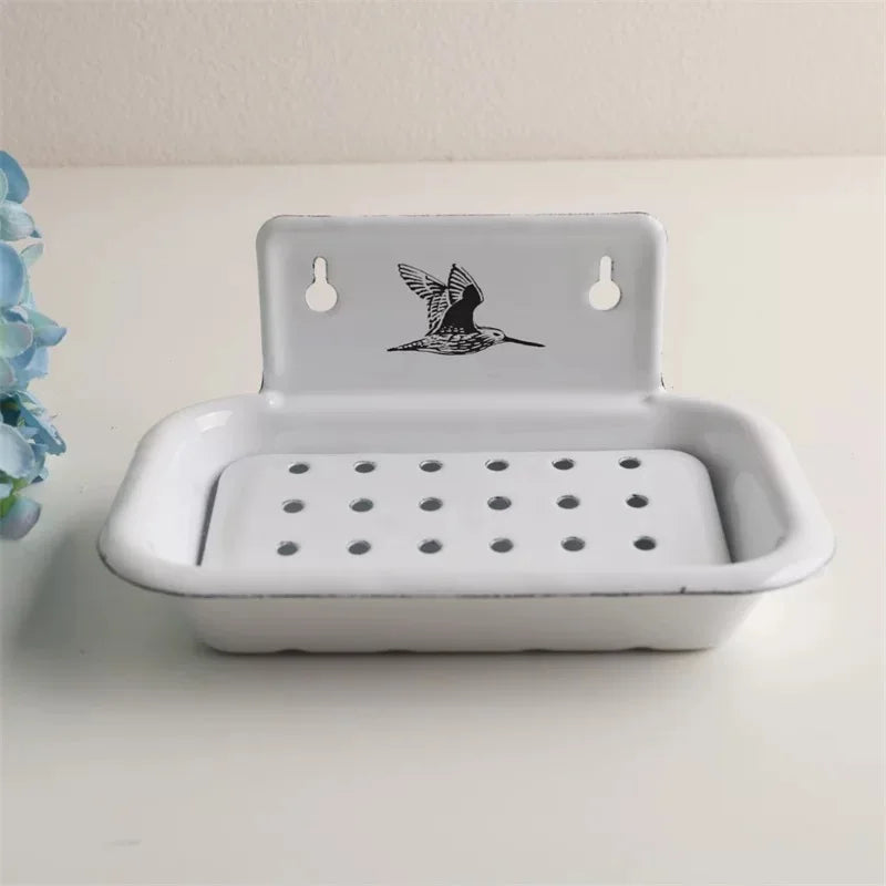 support mural porte savon vintage blanc oiseau floral cœur imprimé enamel