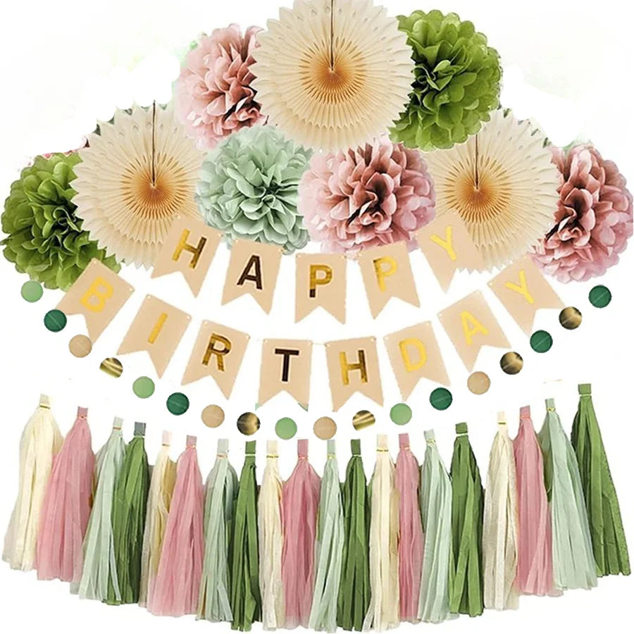 décoration anniversaire rose clair vert papier plissé fan fleuri guirlande clips boules pompons happy