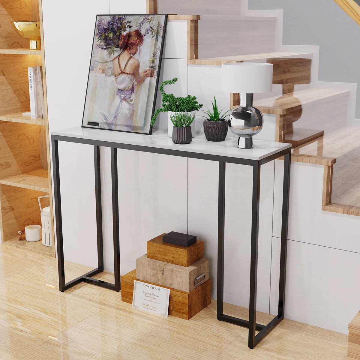 table console moderne marbre blanc noir minimaliste pieds simples