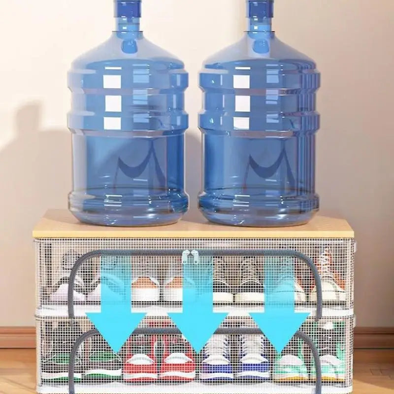 boîtes rangement chaussures transparentes maille métallique empilables moderne poignées organisation pratique esthétique ventilation optimale