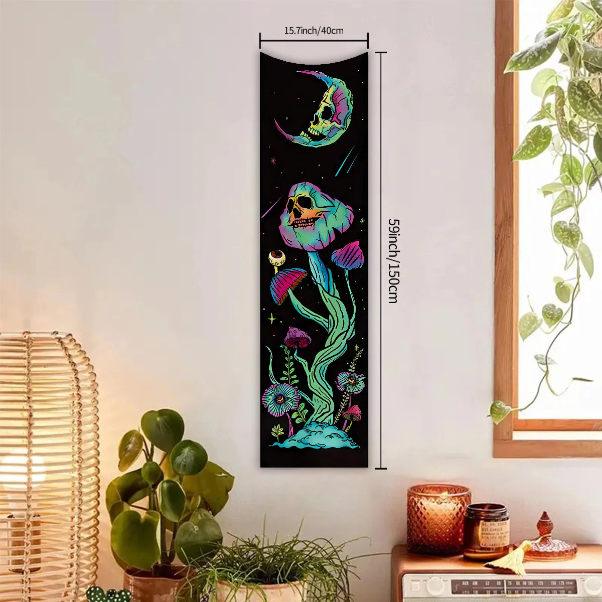 tapisserie moderne fantaisie crânes fleurs papillons oeil lune polyeste noir bleu rose