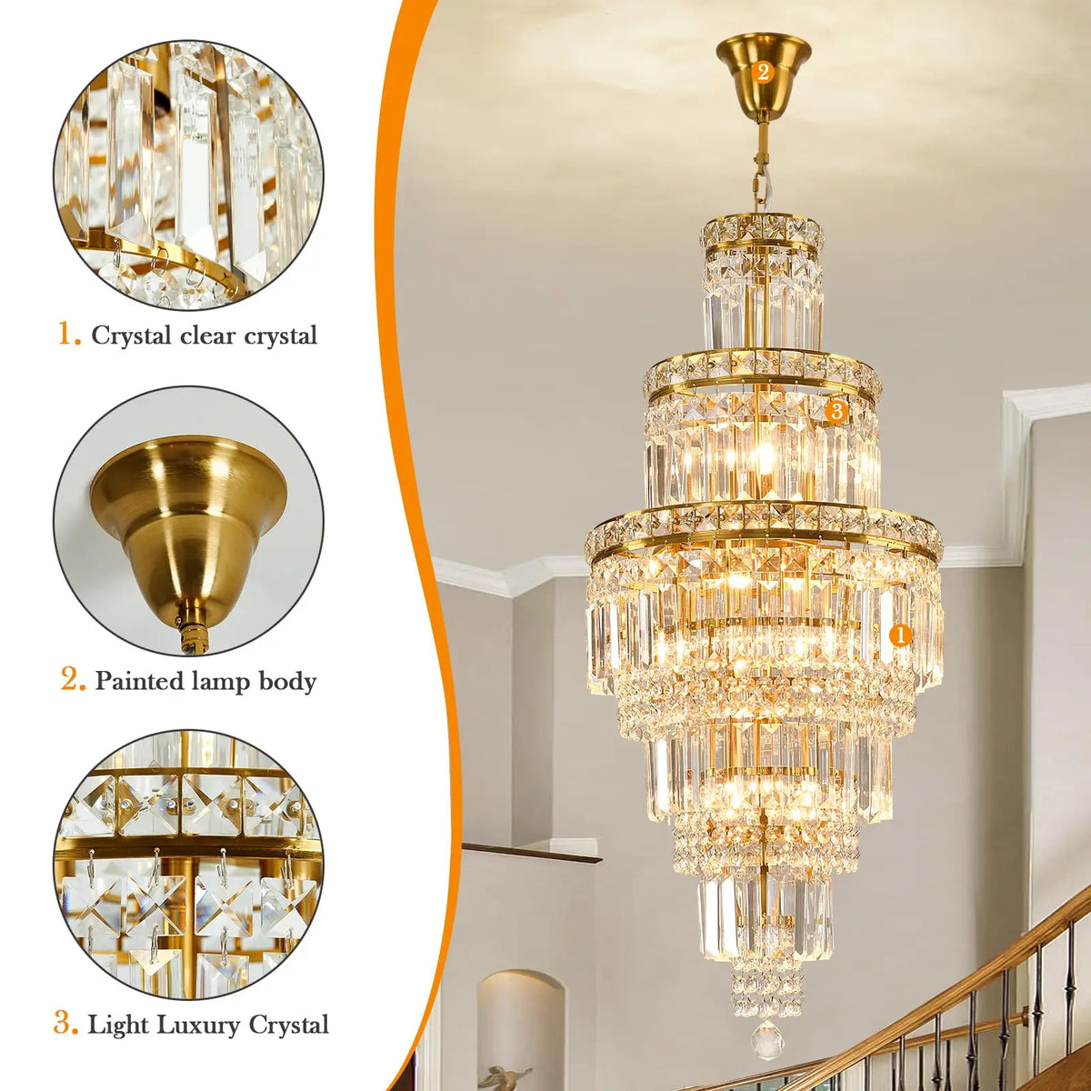 lustre moderne cristal transparent doré géométrique salon hall d'hôtel suspension luxueuse