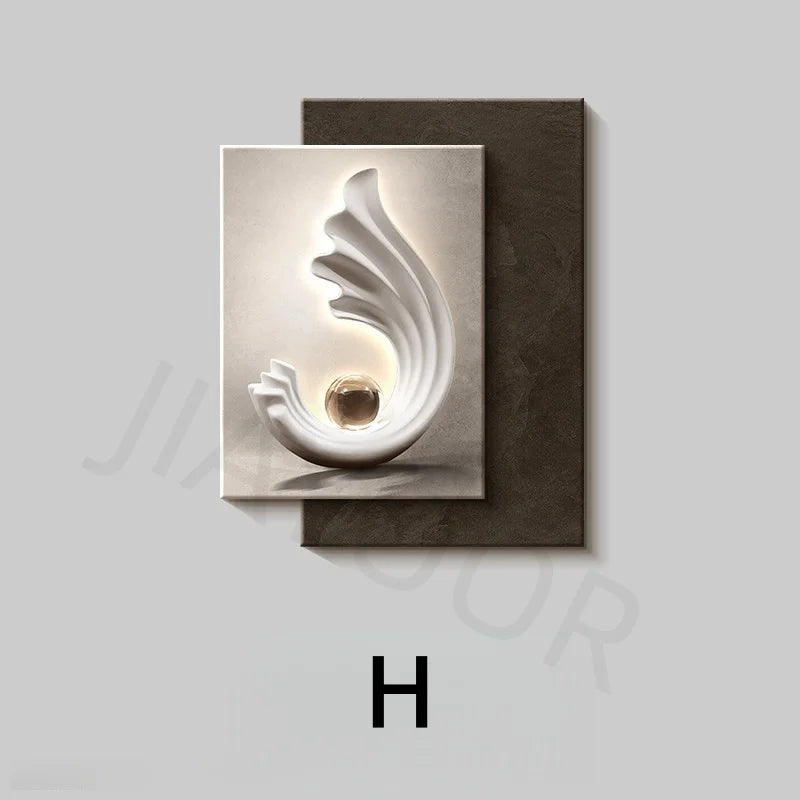 tableau abstrait contemporain mural led blanc gris marron clair ondulé mat éclairage minimaliste chambre