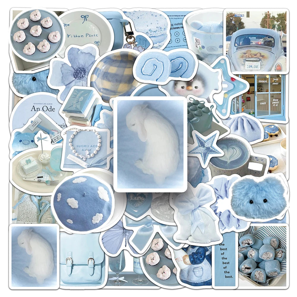 stickers decoratifs bleu clair fleurs coeurs animaux geometriques aesthetic ribbon plate tasse coeur peluche