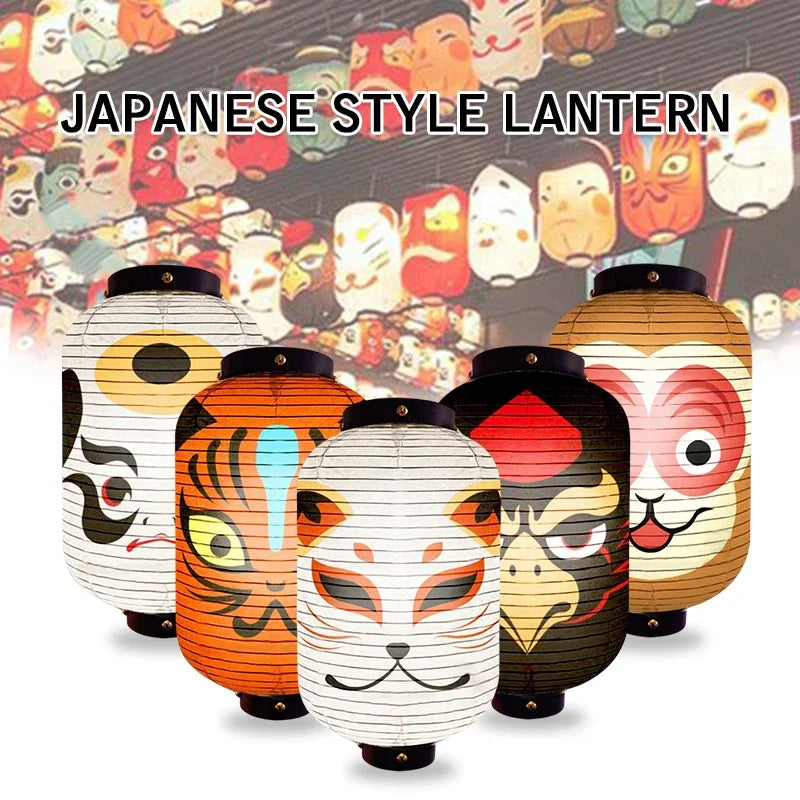 lanterne japonaise traditionnelle suspendue tissu motif visage décoration fête restaurant izakaya asiatique rouge