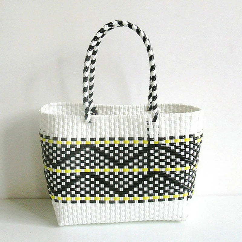 sac main plastique tissé géométrique polyvalent femme moderne noir blanc jaune bleu turquoise poches