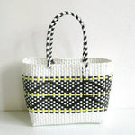 sac main plastique tissé géométrique polyvalent femme moderne noir blanc jaune bleu turquoise poches