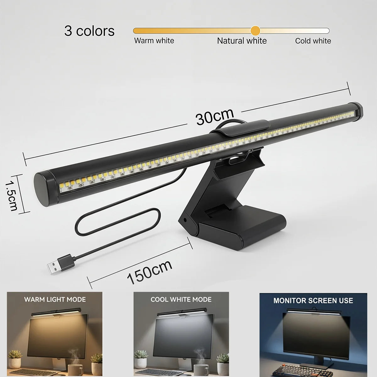 lampe led écran 30cm clips usb protection yeux éclairage intérieur moderne noir