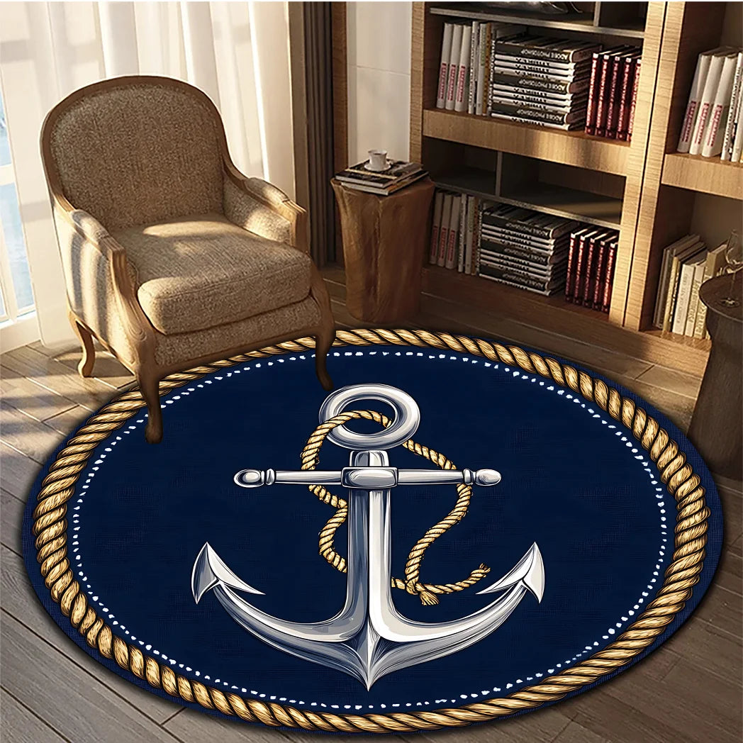 tapis rond ancre marine corde bleu doré moderne salon chambre extérieur decoration