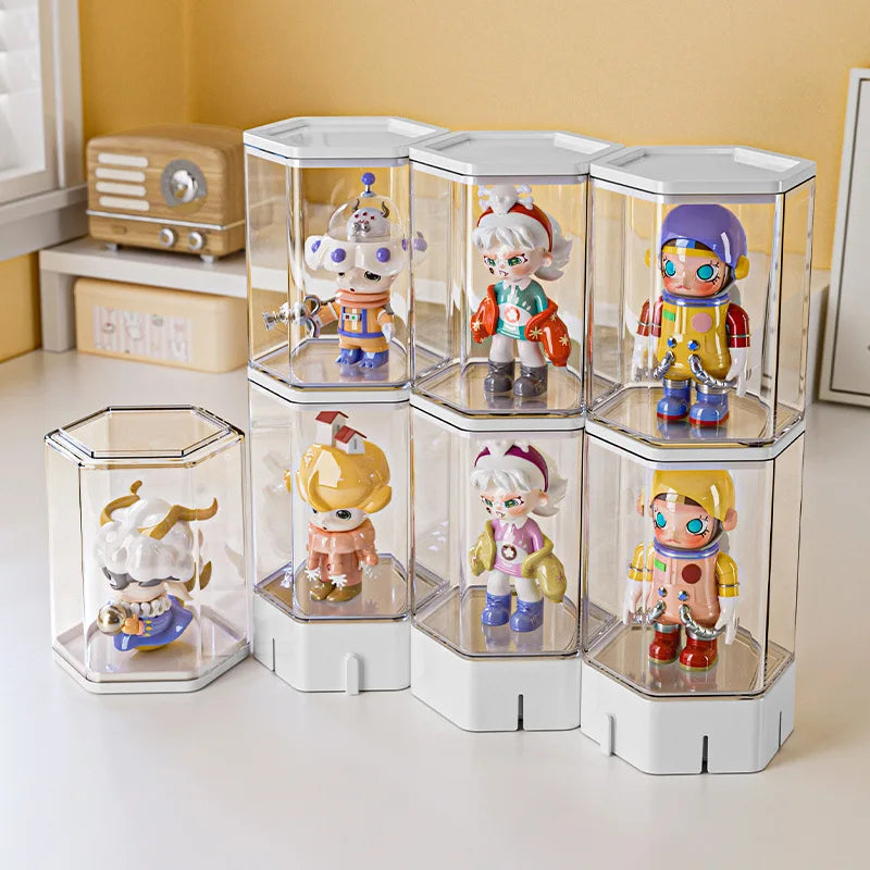 boîtes rangement transparentes empilables multicolores figurines modernes adhésif anti poussière accessoires costumes