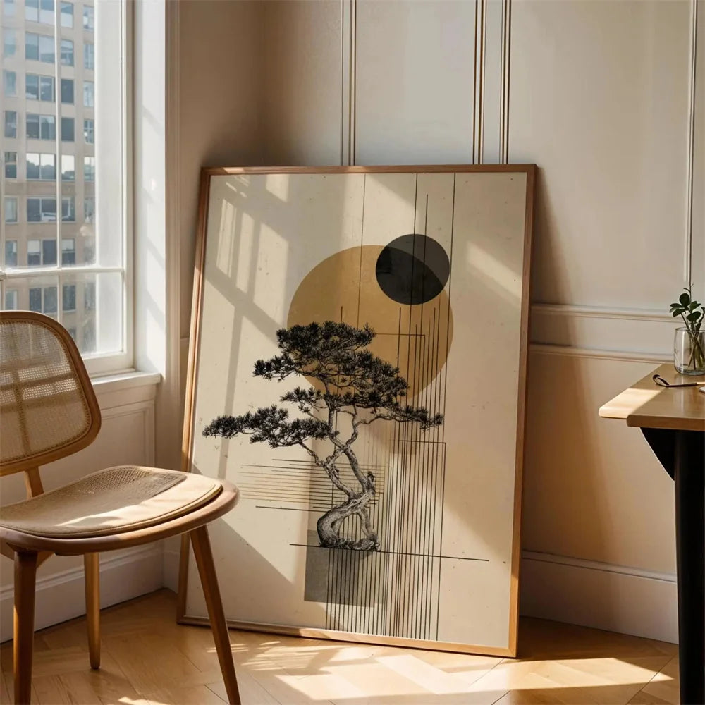 cadre art moderne minimaliste toile abstraite arbre stylisé cercle noir lignes verticales 60x80cm 45x60cm