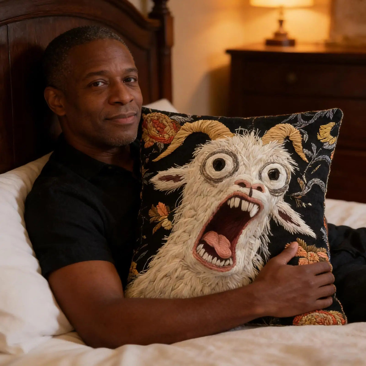 coussin illustration animal cornes yeux ouverts dents jaune noir maison salon chambre