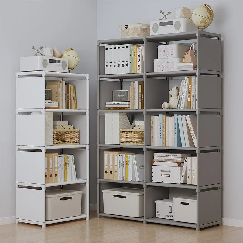 étagère modulaire multi niveaux assemblage facile moderne blanche gris boîtes rangement paniers osier fonctionnelle