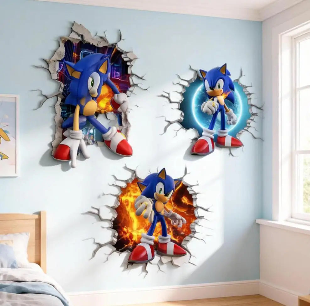 sticker mural 3d sonic bleu blanc rouge moderne adhésif ombre urbain lumière chambre enfant