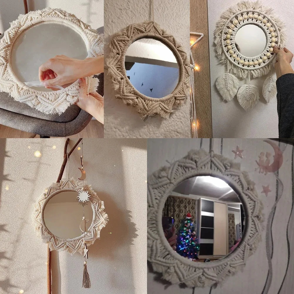 miroir boho blanc macramé franges artisanal crochet peigne protection chambre salon