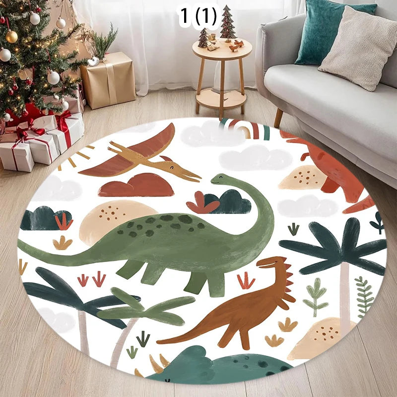 tapis rond dinosaures enfants moderne salon chambre décoration polyester blanc marron vert bleu gris