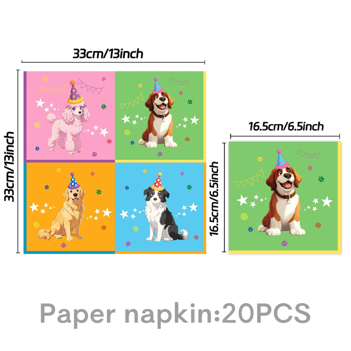 assiettes papier motif chiens fete anniversaire couleurs rose bleu vert orange serviettes
