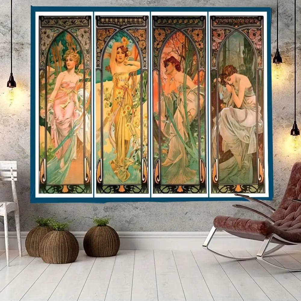 Panneau décoratif mural Art Nouveau multicolore femmes fleurs illustrations salon chambre 180X350cm