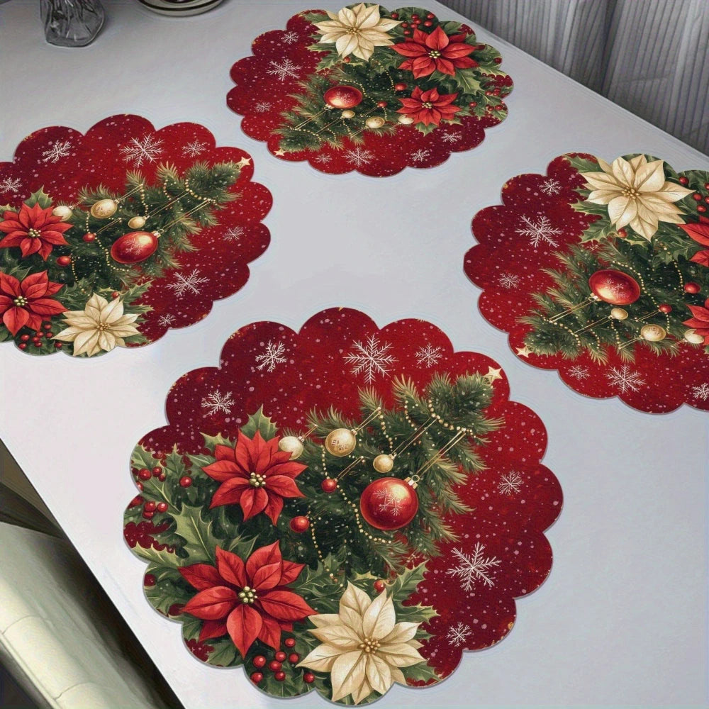 serviettes table noël motif poinsettias rouge blanc vert traditionnel rond lin respectueux environnement