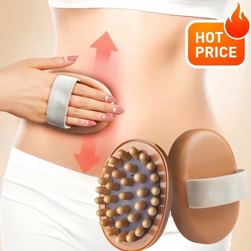 brosse massage relaxation corps bille bois surface rugueuse ceinture élastique marron gris praticité moderne