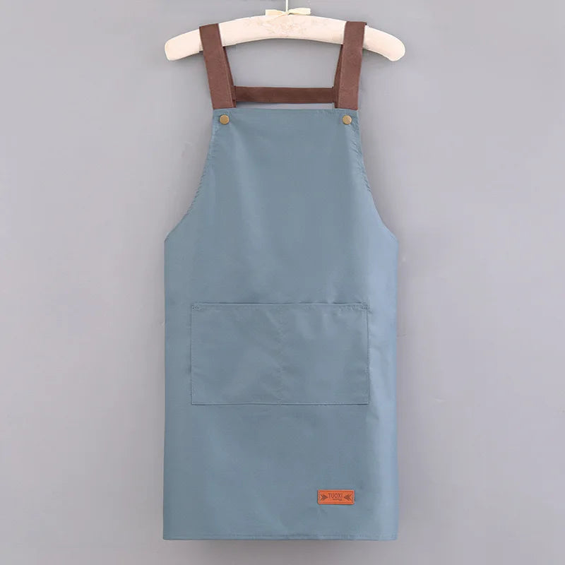 tablier cuisine imperméable bleu clair beige noir nettoyage poche avant épaulières cuir classique