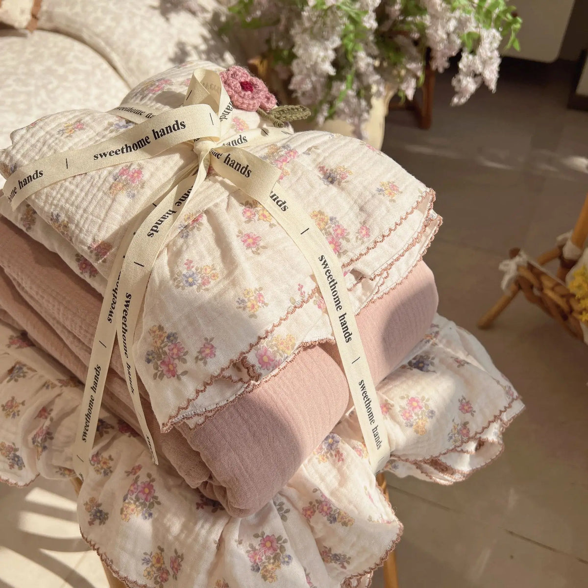 parure lit coton fleurs vintage housse couette drap taies oreiller filles princesse
