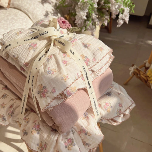 parure lit coton fleurs vintage housse couette drap taies oreiller filles princesse