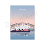 L'image représente le paysage urbain de Sydney avec son célèbre opéra et son pont emblématique, dans un style illustratif avec des couleurs douces et des oiseaux volant dans le ciel.