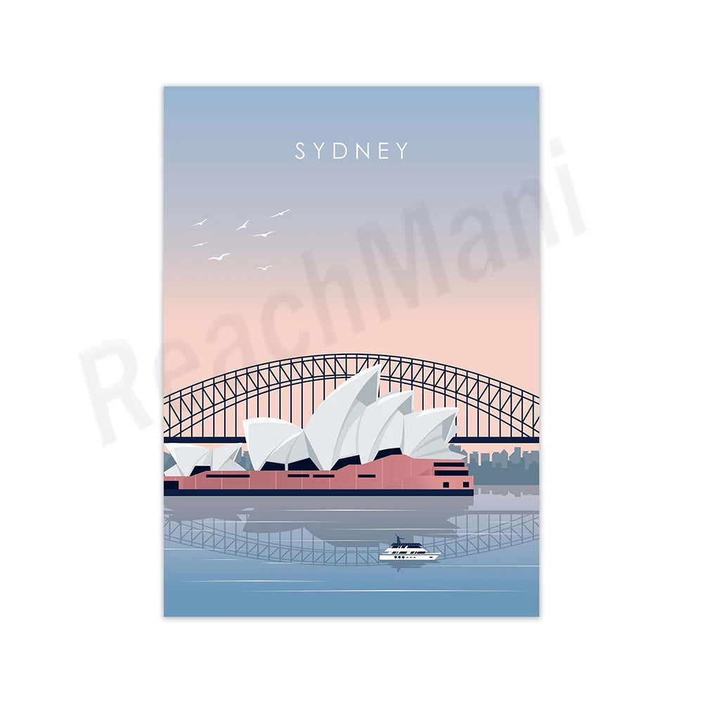 L'image représente le paysage urbain de Sydney avec son célèbre opéra et son pont emblématique, dans un style illustratif avec des couleurs douces et des oiseaux volant dans le ciel.